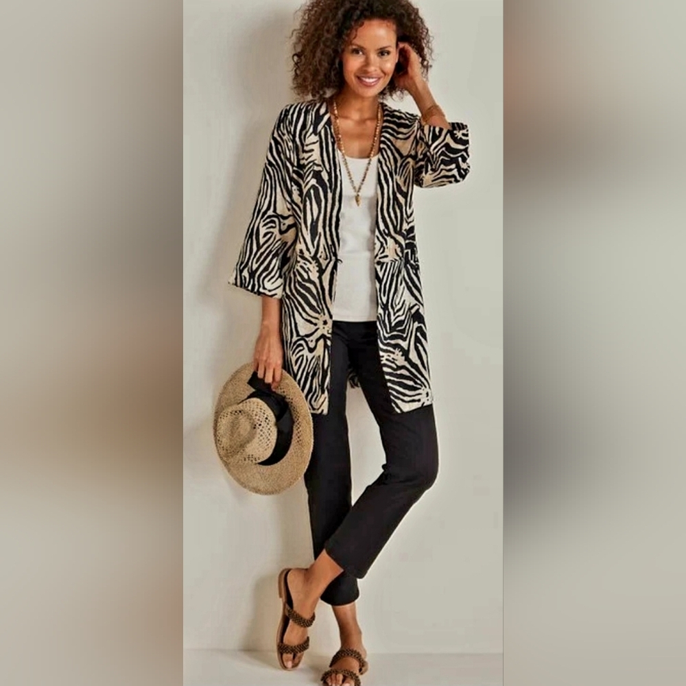 Soft‎ Surroundings Black and Cream Animal Print Single Button Cardigan ~ Small